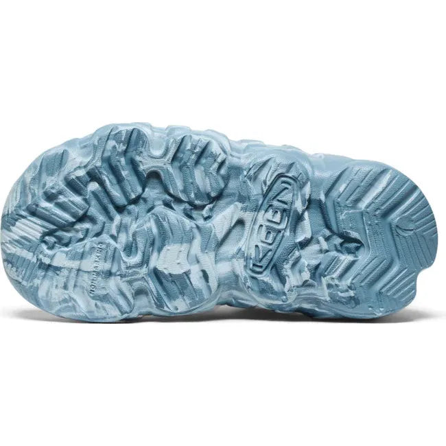 Sole of KEEN Kids' Hyperport H2 Closed Toe Sandal in Skyway green and Faded Denim blue