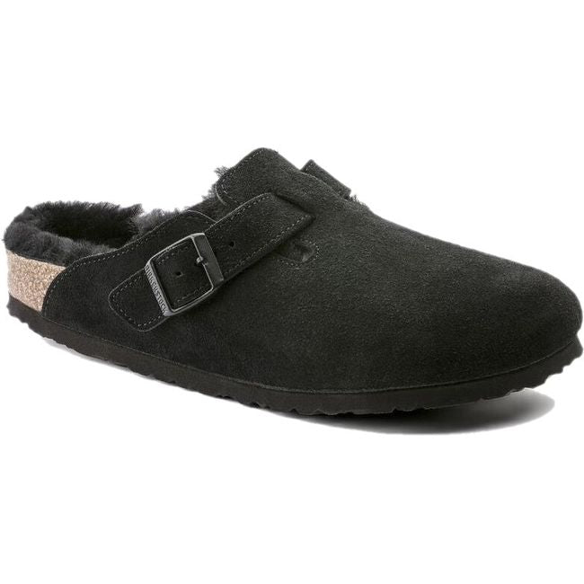 Front angled view of Birkenstock Unisex Boston Shearling Clog in black suede