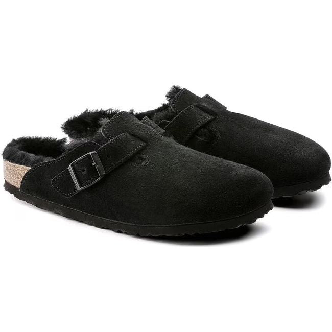 Pair of Birkenstock Unisex Boston Shearling Clogs in black suede