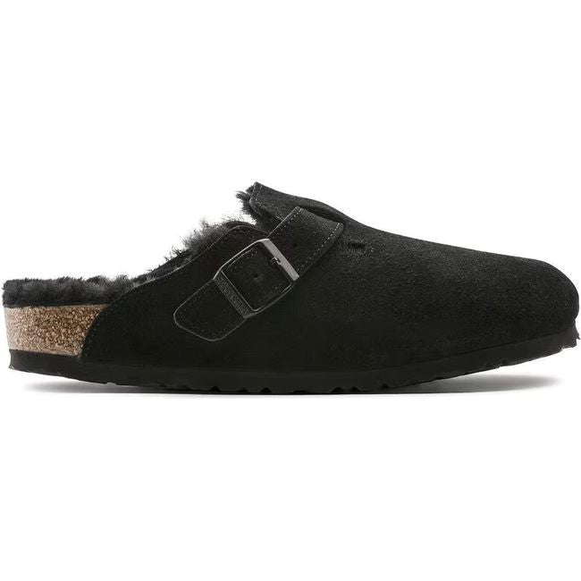 Lateral side of Birkenstock Unisex Boston Shearling Clog in black suede
