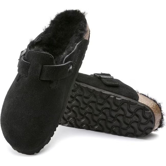 Upper and sole of Birkenstock Unisex Boston Shearling Clogs in black suede