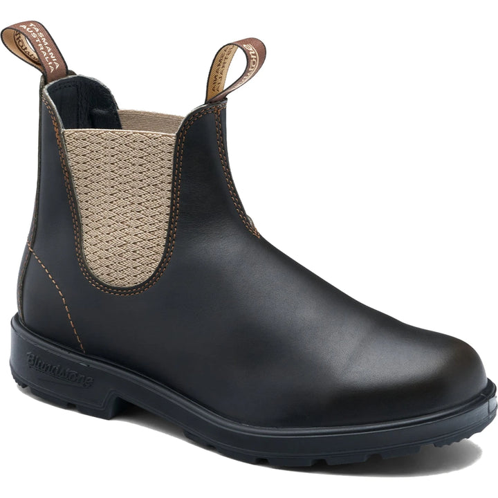 Front angled of Blundstone Unisex Originals 2603 Chelsea Boot in stout brown leather with sand elastic
