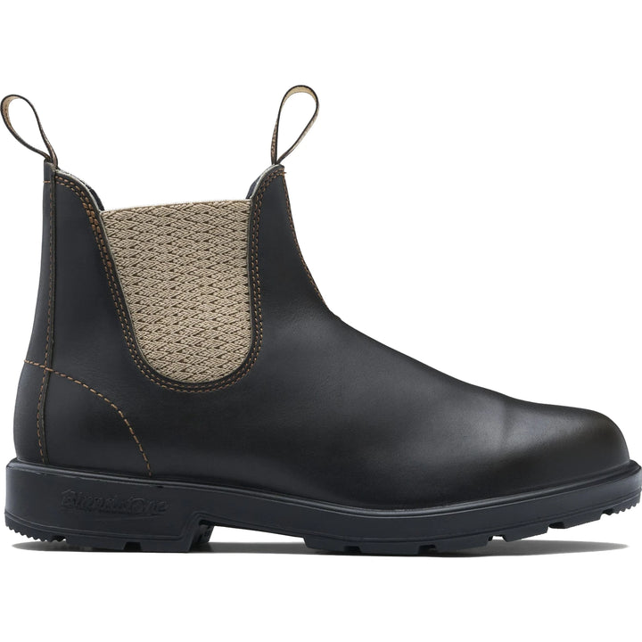 Lateral side of Blundstone Unisex Originals 2603 Chelsea Boot in stout brown leather with sand elastic