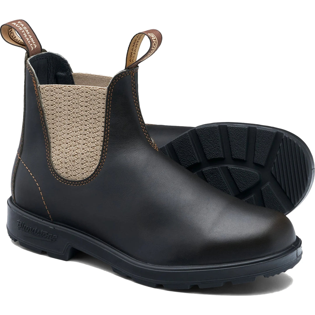 Pair of Blundstone Unisex Originals 2603 Chelsea Boots in stout brown leather with sand elastic, showing upper and sole