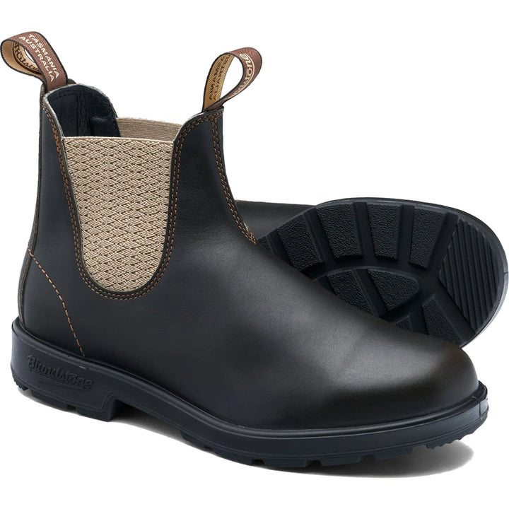 Pair of Blundstone Unisex Originals 2603 Chelsea Boots in stout brown leather with sand elastic, showing upper and sole