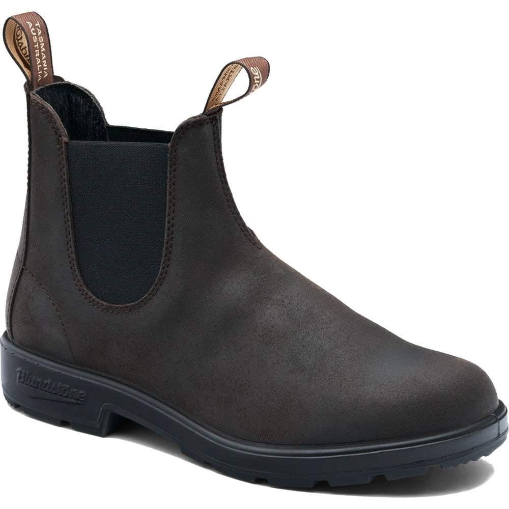 Front angled of Blundstone Unisex Originals 2610 Chelsea Boot in dark brown waxed suede