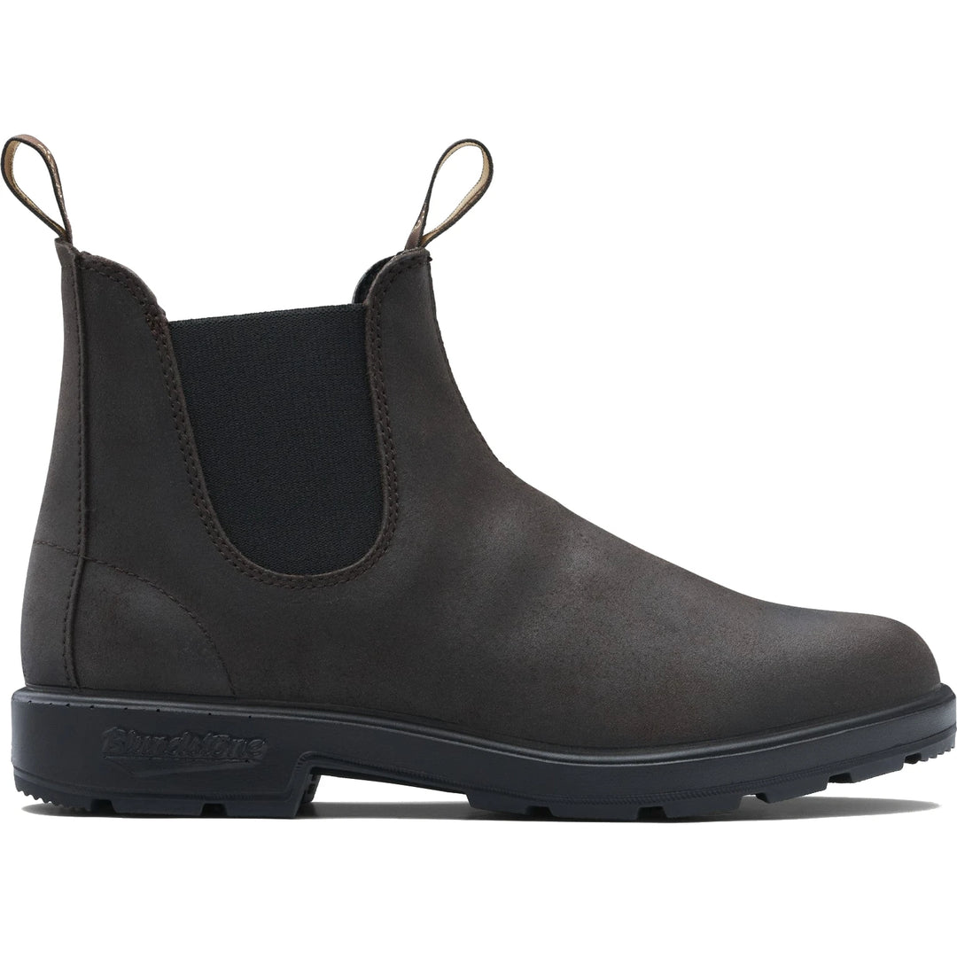 Lateral side of Blundstone Unisex Originals 2610 Chelsea Boot in dark brown waxed suede