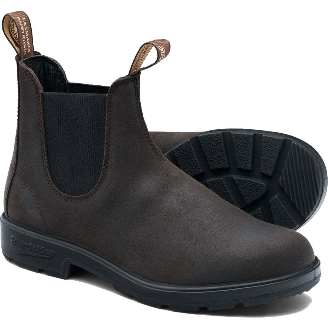 Pair of Blundstone Unisex Originals 2610 Chelsea Boots in dark brown waxed suede, showing upper and sole