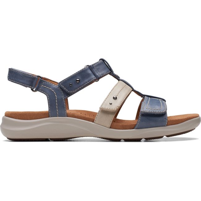 Lateral side of Women&#39;s Clarks Kitly Step Sandal in Denim Combination leather with backstrap