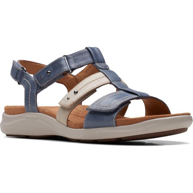 Front angled view of Women&#39;s Clarks Kitly Step Sandal in Denim Combination  leather with backstrap