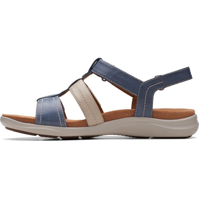 Medial side of Women&#39;s Clarks Kitly Step Sandal in Denim Combination leather with backstrap