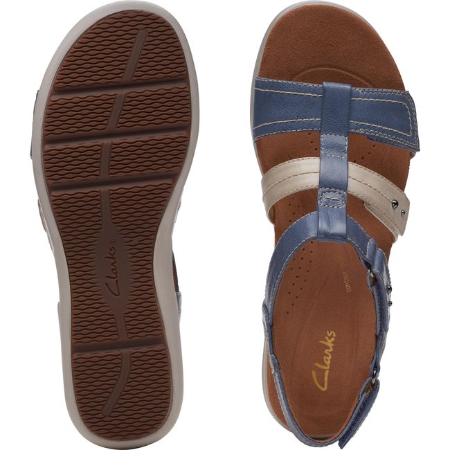 Upper and sole of Women&#39;s Clarks Kitly Step Sandal in Denim Combination  leather with backstrap