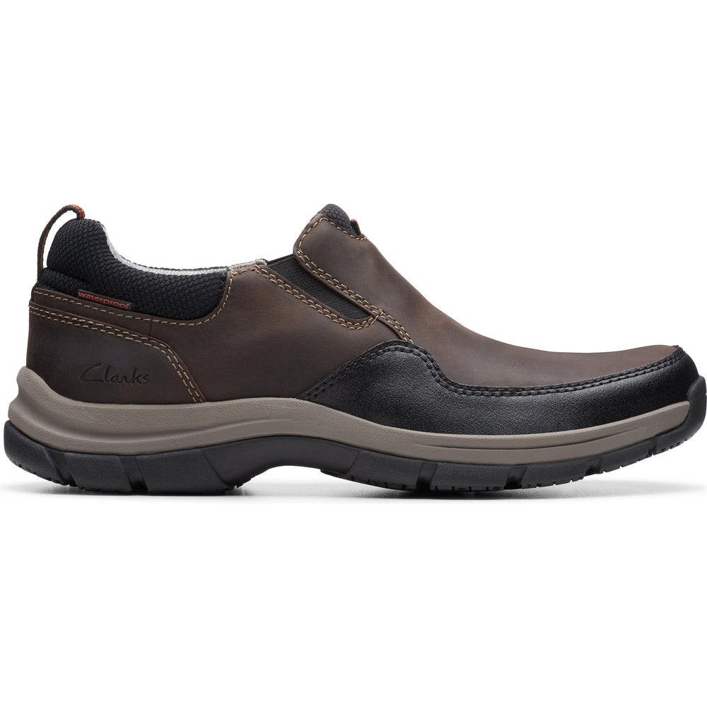 Lateral side of Men's Clarks Walpath Step Waterproof Shoe in Dark Brown Leather