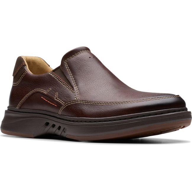 Front angled view of Men&#39;s Clarks Un Briley Step Slip On Shoe in Mahogany Brown Leather