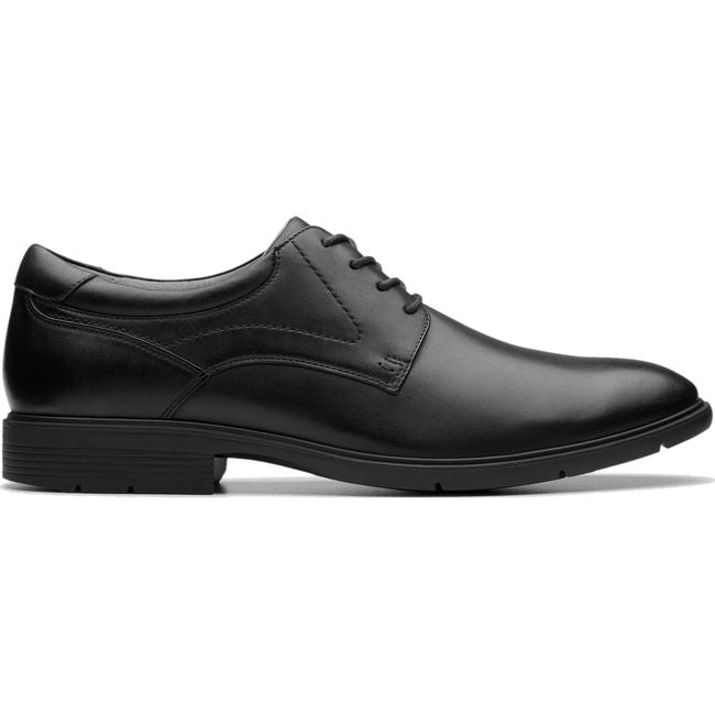 Lateral side of Men&#39;s Clarks Eldredge Plain lace up dress shoe in black leather