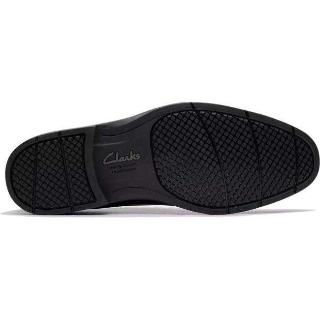 Sole of Men&#39;s Clarks Eldredge Plain lace up dress shoe in black with slip resistant sole