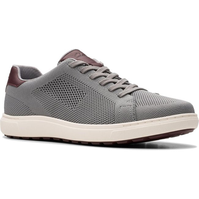 Front angled view of Men&#39;s Clarks Mapstone Lace Shoe in Grey Knit