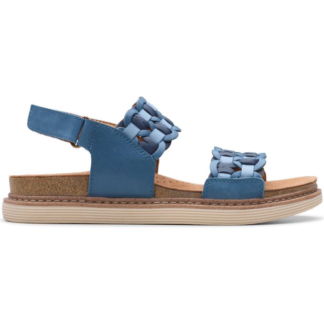 Lateral side of Women&#39;s Clarks Arwell Glide Sandal in Blue Combination Nubuck with velcro backstraps