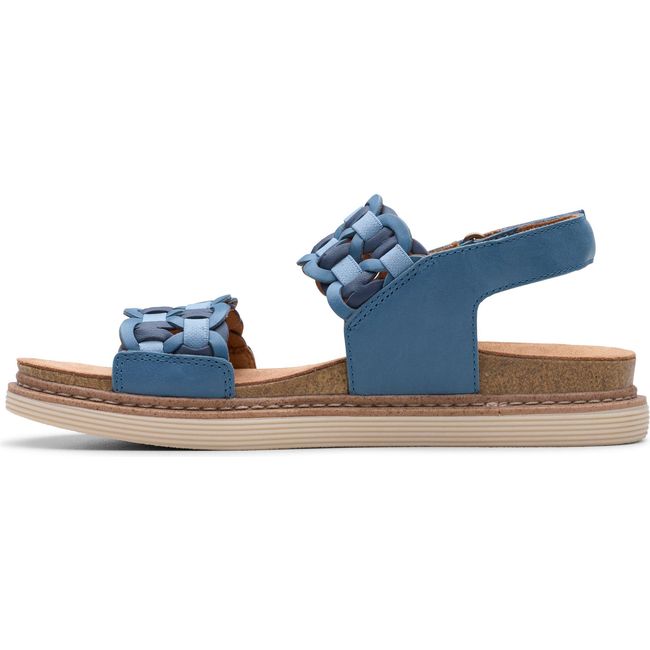 Medial side of Women&#39;s Clarks Arwell Glide Sandal in Blue Combination Nubuck with velcro backstraps