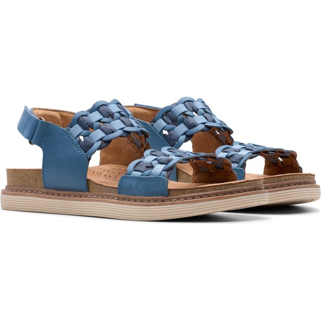 Pair of Women&#39;s Clarks Arwell Glide Sandals in Blue Combination Nubuck with velcro backstraps