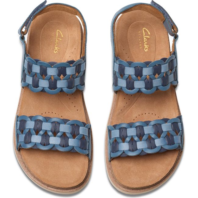 Top down view of Women&#39;s Clarks Arwell Glide Sandals in Blue Nubuck with velcro backstraps
