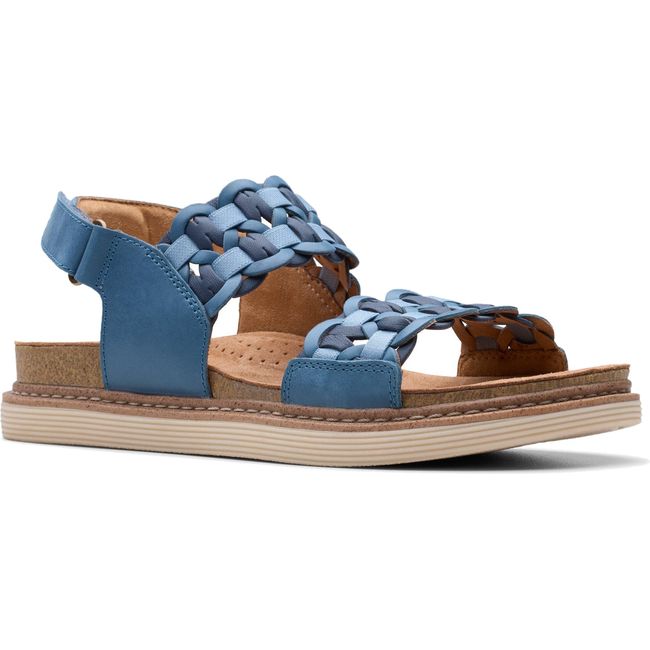 Front angled view of Women&#39;s Clarks Arwell Glide Sandal in Blue Nubuck with velcro backstrap