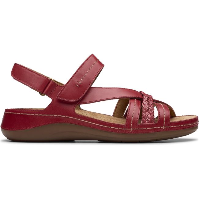Lateral side of Women's Clarks Cecily Strap Sandal in Red Leather with velcro backstrap
