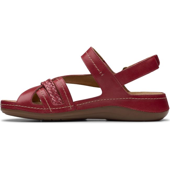 Medial side of Women's Clarks Cecily Strap Sandal in Red Leather with velcro backstrap