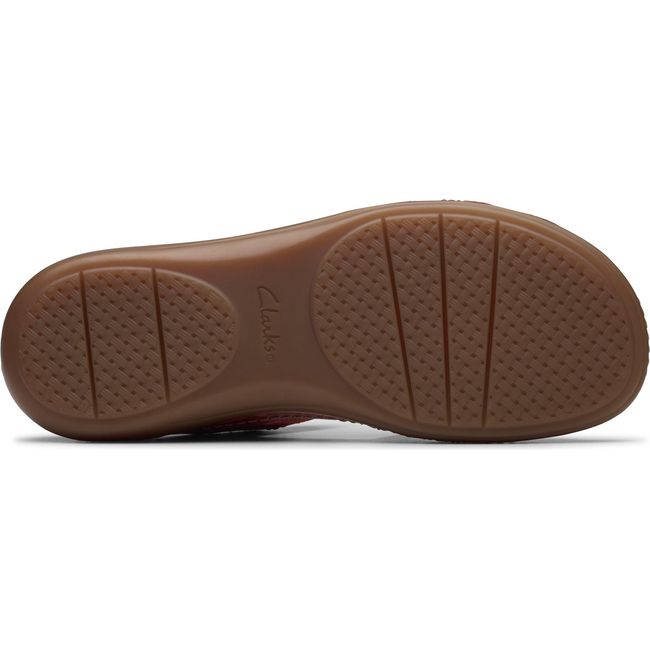 Sole of Women's Clarks Cecily Strap Sandal in Red Leather upper with brown outsole