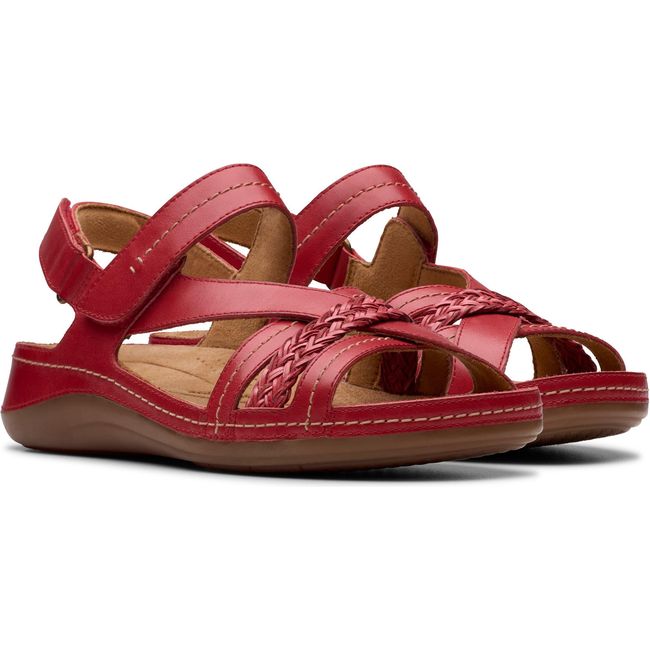 Pair of Women's Clarks Cecily Strap Sandals in Red Leather with velcro backstrap
