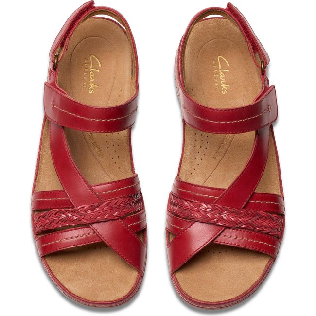 Top down view of Women's Clarks Cecily Strap Sandal in Red Leather with velcro backstrap