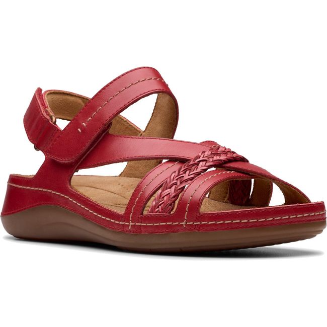 Front angled view of Women's Clarks Cecily Strap Sandal in Red Leather with velcro backstrap