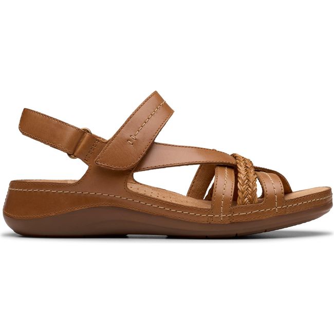 Lateral side of Women's Clarks Cecily Strap Sandal in Tan Combination Leather with velcro straps