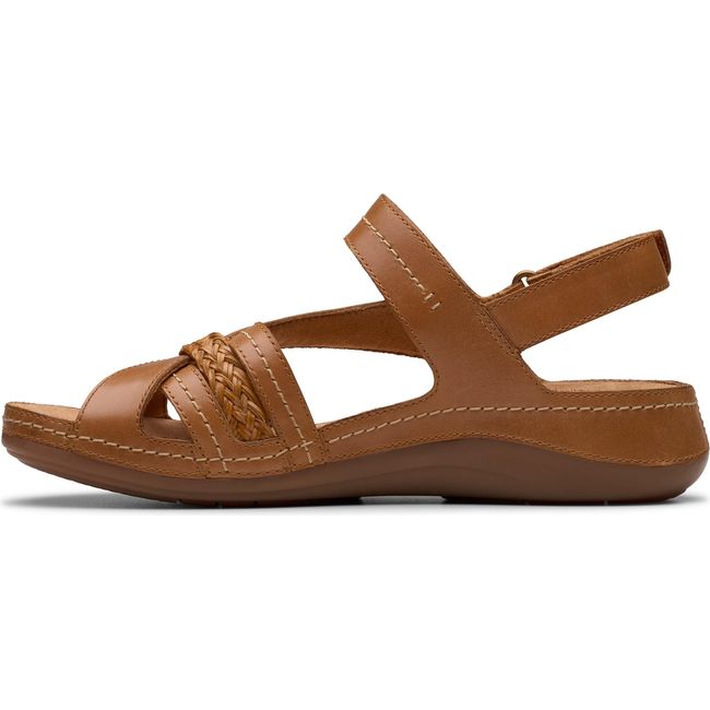 Medial side of Women's Clarks Cecily Strap Sandal in Tan Combination Leather with velcro straps