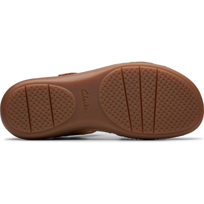 Sole of Women's Clarks Cecily Strap Sandal in Tan Combination Leather upper with tan outsole