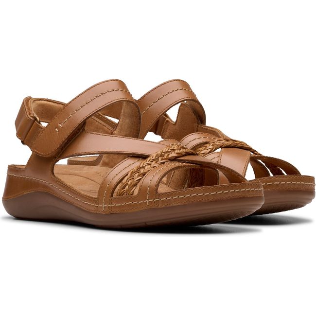 Pair of Women's Clarks Cecily Strap Sandals in Tan Combination Leather with velcro straps