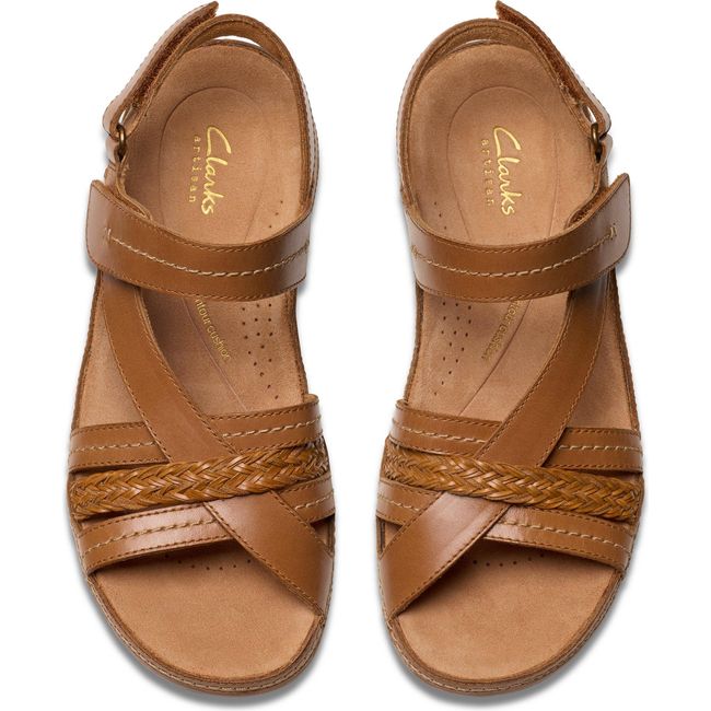Top down view of Women's Clarks Cecily Strap Sandals in Tan Combination Leather with velcro straps
