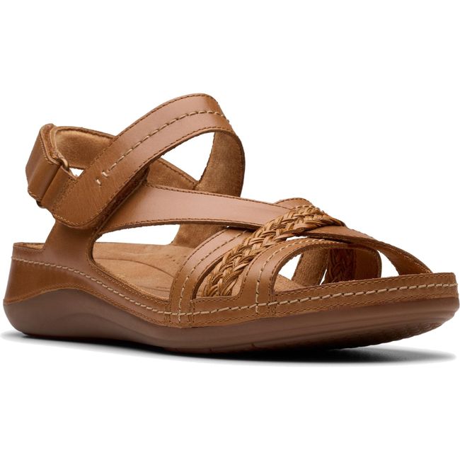 Front angled view of Womens Clarks Cecily Strap Sandal in Tan Combination Leather with velcro straps