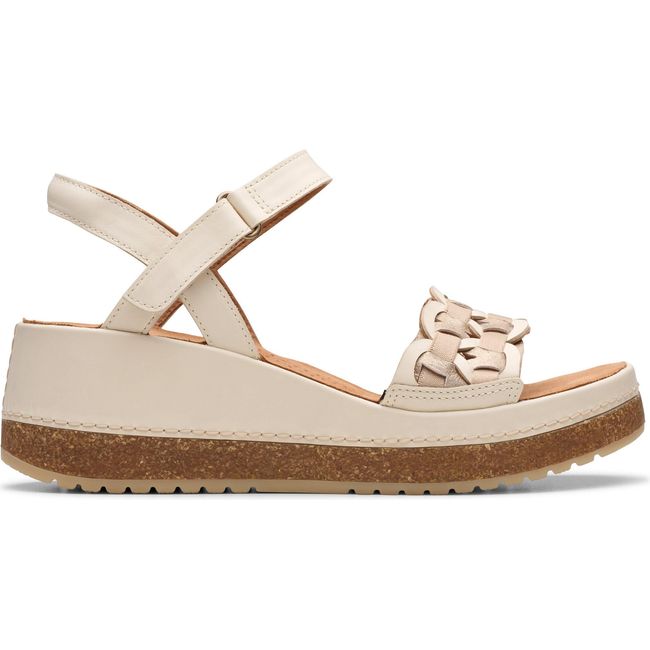 Lateral side of Women&#39;s Clarks Kassanda Bar Wedge Sandal in Cream Multi Leather