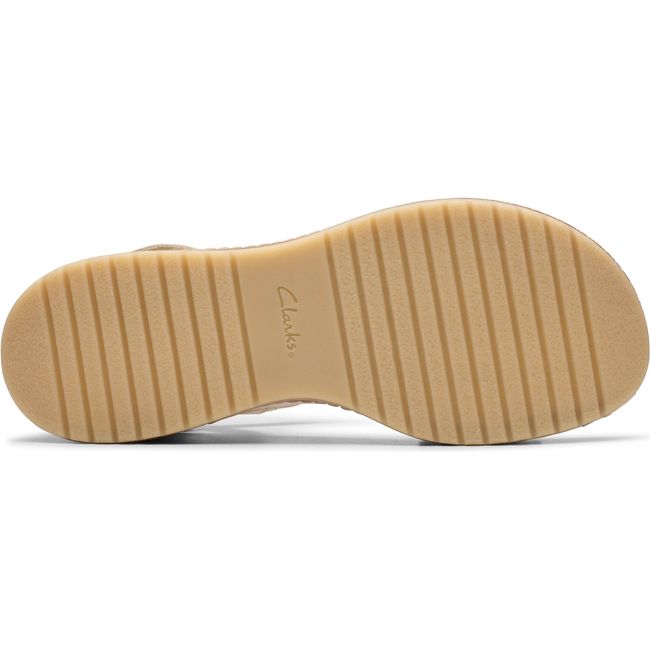 Sole of Women&#39;s Clarks Kassanda Bar Wedge Sandals in Cream Multi Leather upper with tan outsole