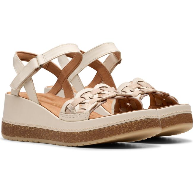 Pair of Women&#39;s Clarks Kassanda Bar Wedge Sandals in Cream Multi Leather with velcro backstraps