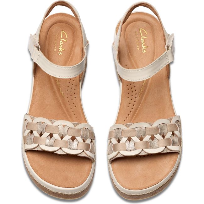 Top down view of Women&#39;s Clarks Kassanda Bar Wedge Sandals in Cream Multi Leather with backstraps