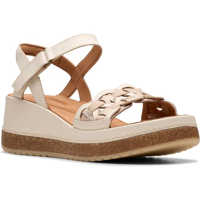 Front angled view of Women's Clarks Kassanda Bar Wedge Sandal in Cream Multi Leather