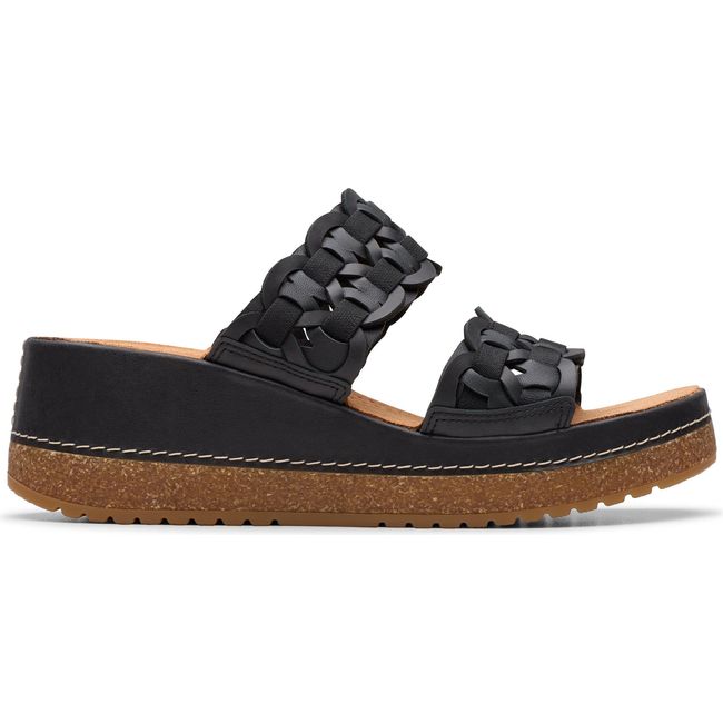 Lateral side of Women&#39;s Clarks Kassanda Wedge Sandal in Black Combination Leather