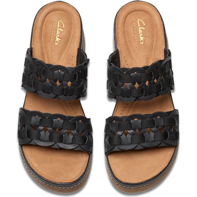 Top down view of Women&#39;s Clarks Kassanda Wedge Sandal in Black Combination Leather