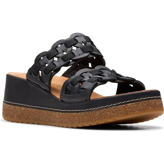 Front angled view of Women's Clarks Kassanda Wedge Sandal in Black Combination Leather