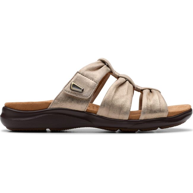 Lateral side of Women&#39;s Clarks Kitly Slide Sandal in Metallic Leather with velcro adjustability