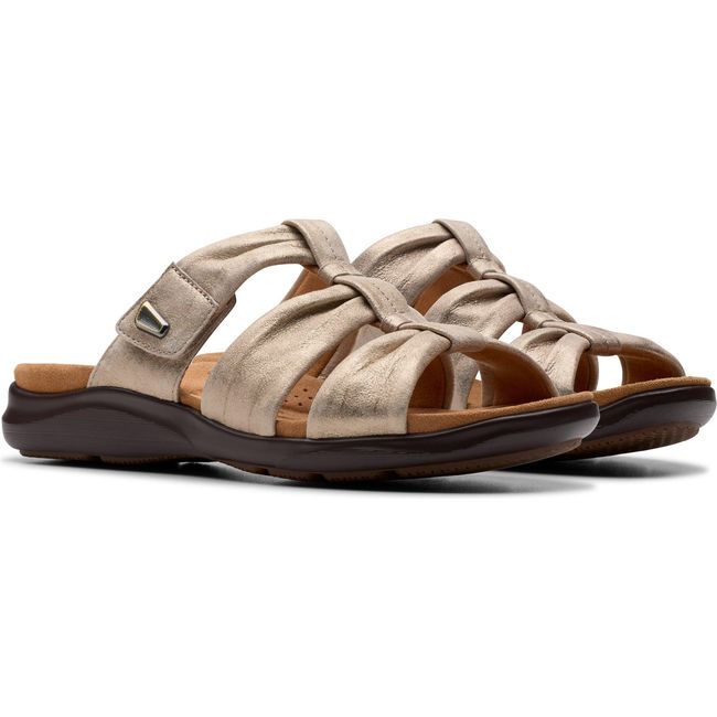 Pair of Women&#39;s Clarks Kitly Slide Sandals in Metallic Leather with velcro adjustability