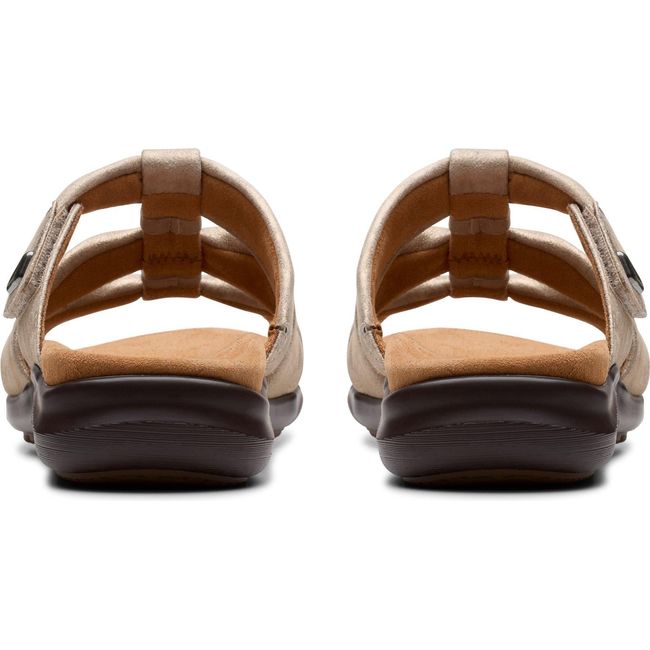 Heels of Women&#39;s Clarks Kitly Slide Sandals in Metallic Leather with velcro adjustability