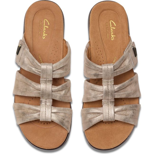 Top down view of Women&#39;s Clarks Kitly Slide Sandal in Metallic Leather with velcro adjustability